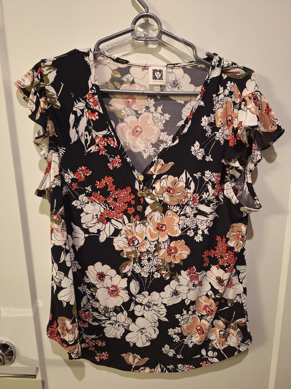 Anne Klein Black Floral V-Neck Ruffle Sleeve Blouse
